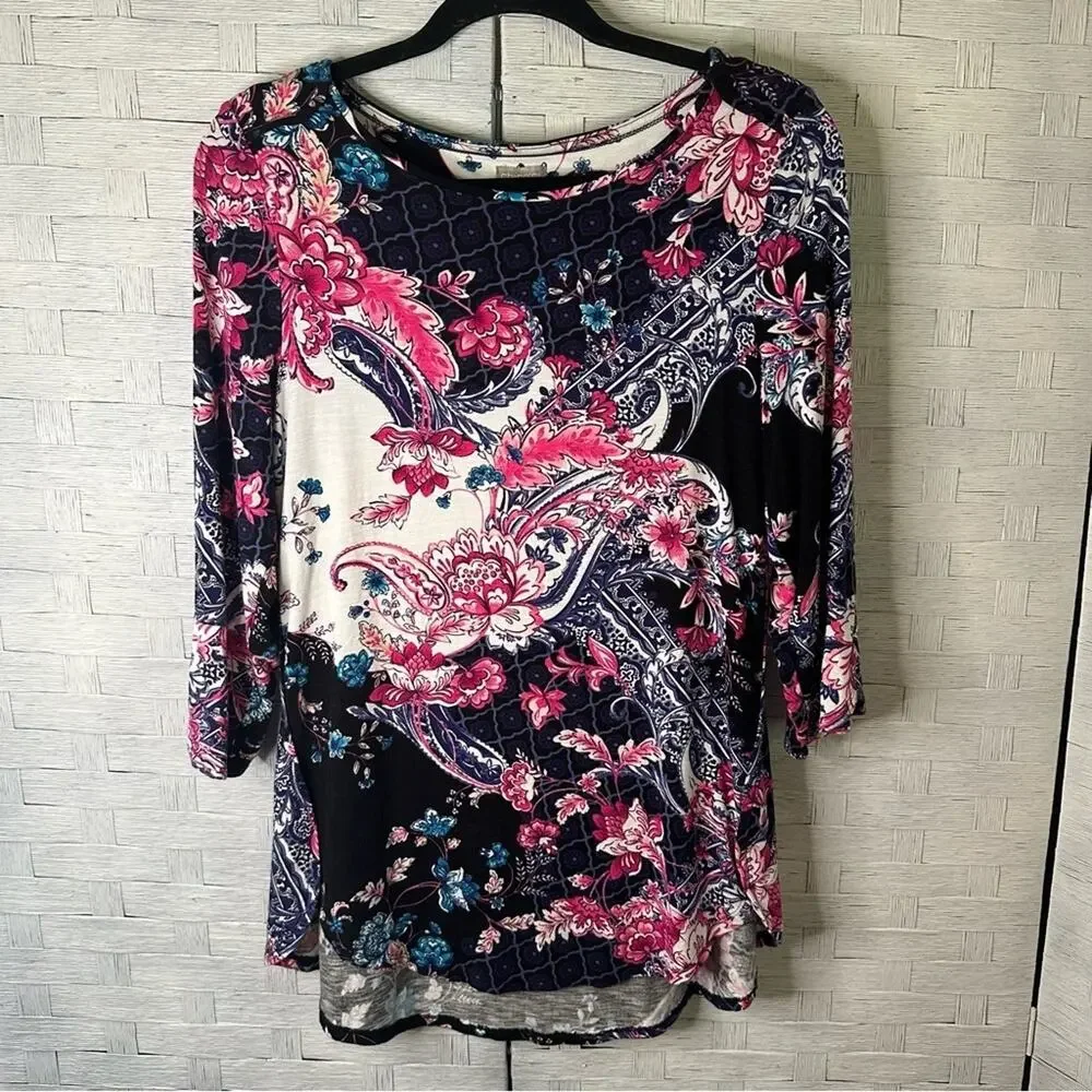 Chico's womens T-shirt paisley 3/4 length sleeve style‎ colorful floral Bohemian_2